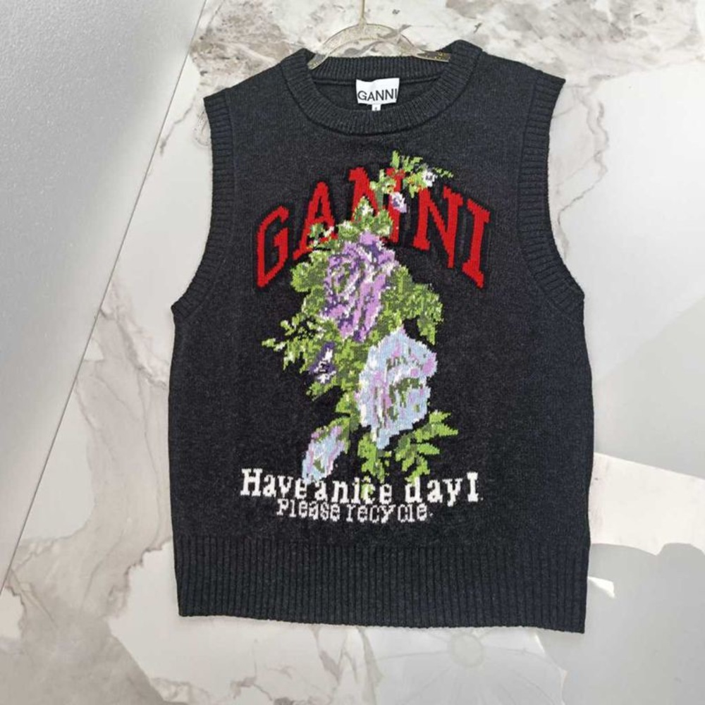 Ganni Charcoal Vest with Floral Embroidery